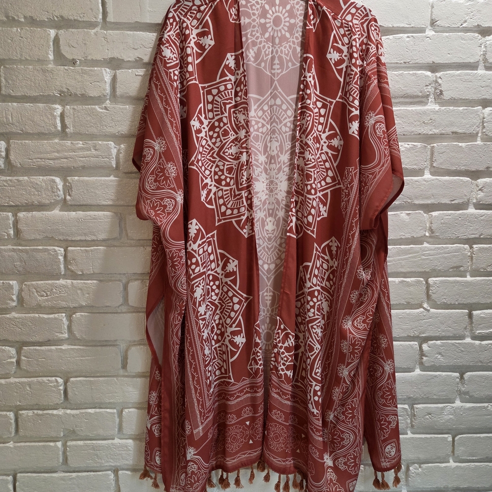 Boho Rust & White Mandala Kimono Cover-Up/ Duster